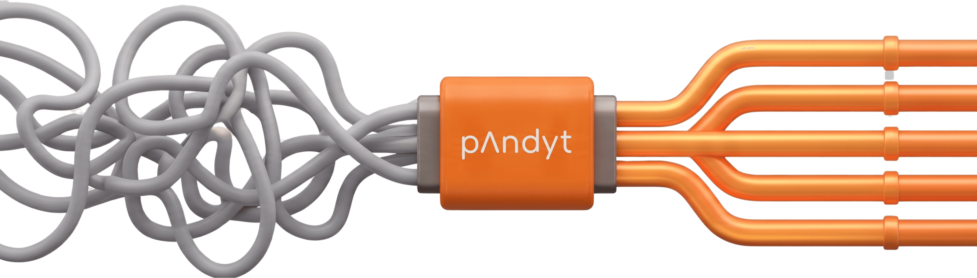 A tangle of grey cables entering a Pandyt connector and leaving as five clean, parallel orange lines